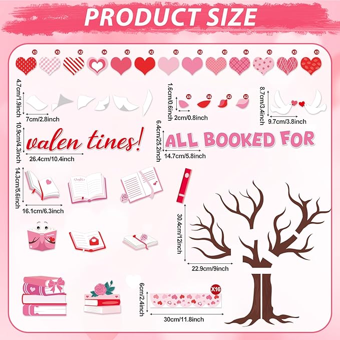 Valentine’s Day Bulletin Board Set Reading Bulletin Board Decorations All Booked for Valentines Classroom Decoration Pink Heart Books Tree Paper Cutouts for School Library Chalkboard Door Decor