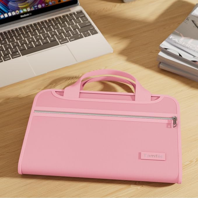 Tamfile Fireproof Accordion File Organizer with Handle, 13 Pocket Colorful Expanding File Folder with Zipper & Labels, File Folder with Multi-Pockets Paper Organizer Folder for Letter A4 Files (Pink)