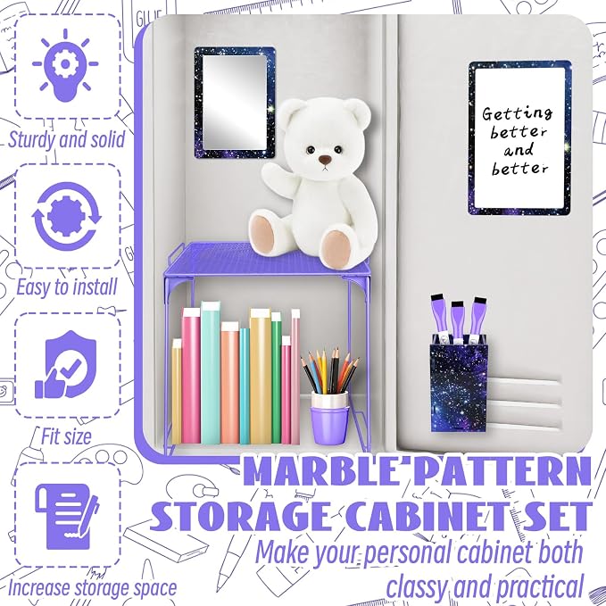Demonwer 9 Pcs Locker Accessories Kit Purple Starry Sky Locker Organizer Magnetic Whiteboard Mirror Pen Holder Pen for Storage Organizing Shelf Back to School Party Supply
