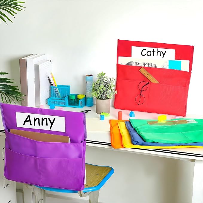 Boao 24 Pcs Chairback Pockets for Classroom with Name Tags, 16.3 x 15 Inch Seat Storage Organizers, 2 Large Pockets Chair Back Organizers for Students Teachers School Supplies(Multicolor)