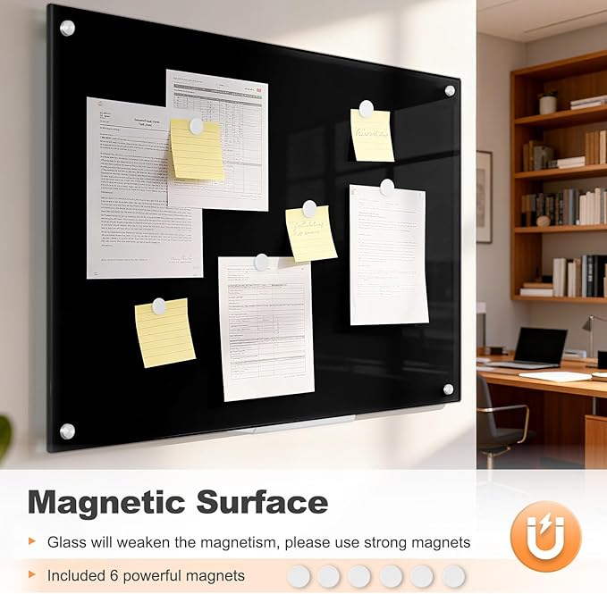 Black Dry Erase Board, 36" x 24" (3' x 2') Magnetic Large Black Glass Board Frameless Wall Mounted Glass Whiteboard for Office, School & Home with 1 Acrylic Pen Tray & 6 Strong Magnets