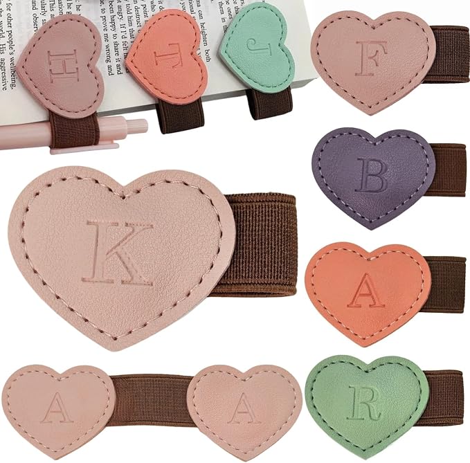 Personalized Magnetic Leather Heart Bookmark with Pen Holder - 26 Letters Custom Book Mark Notebook Pencil Loop with Initial Book Marker for Readers, Book Lovers- Gifts for Women Men(Pink,K)