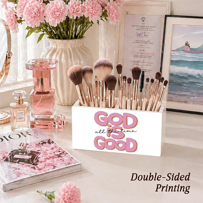 Christian Pen Pencil Holder for Desk Christian Gifts for Women Girls, God is Good All the Time Bible Verse Pencil Holders Wooden Box Organizer for Home Office Bedroom Desk Tabletop