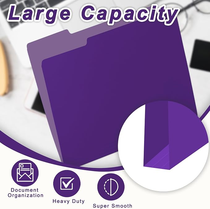 VZCPYTPM 150 Pack Purple File Folders,Letter Size (8.5x11 in),1/3-Cut Tabs in Assorted Positions,Cardstock Paper Folders for Office,School & Home Filing Cabinet Organization, Bulk Document Folders