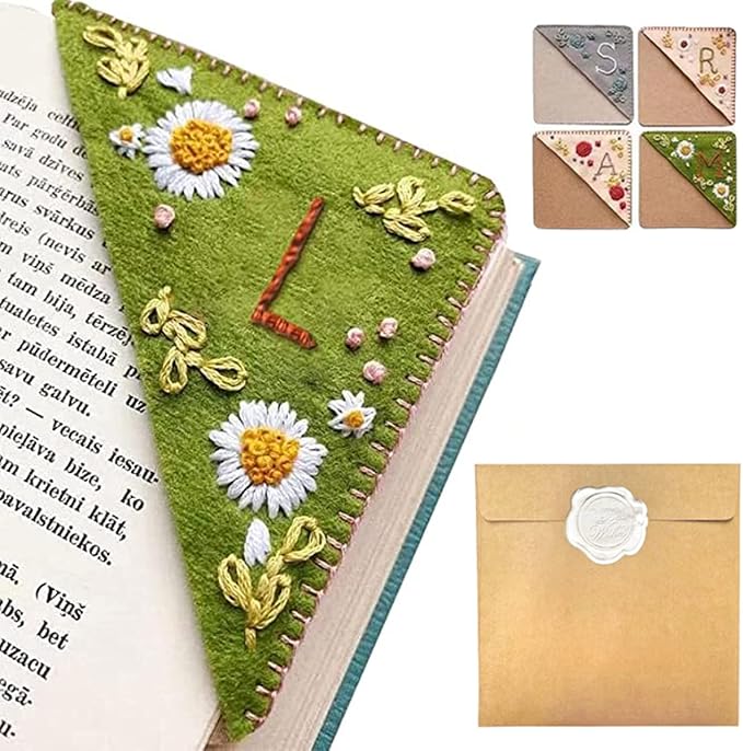 Personalized Hand Embroidered Corner Bookmark, 26 Letters Hand Stitched Felt Corner Letter Bookmark, Cute Flower Embroidery Bookmarks for Book Reading Lovers Meaningful Gift (Summer，L