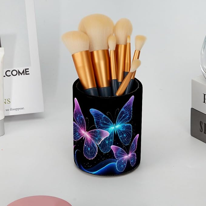 Leather Pen Holder for Desk, Blue Glitter Butterfly Makeup Brushes Holder Pencil Cup Multifunctional Desktop Organizer Caddy for Home School Office Desk Accessories