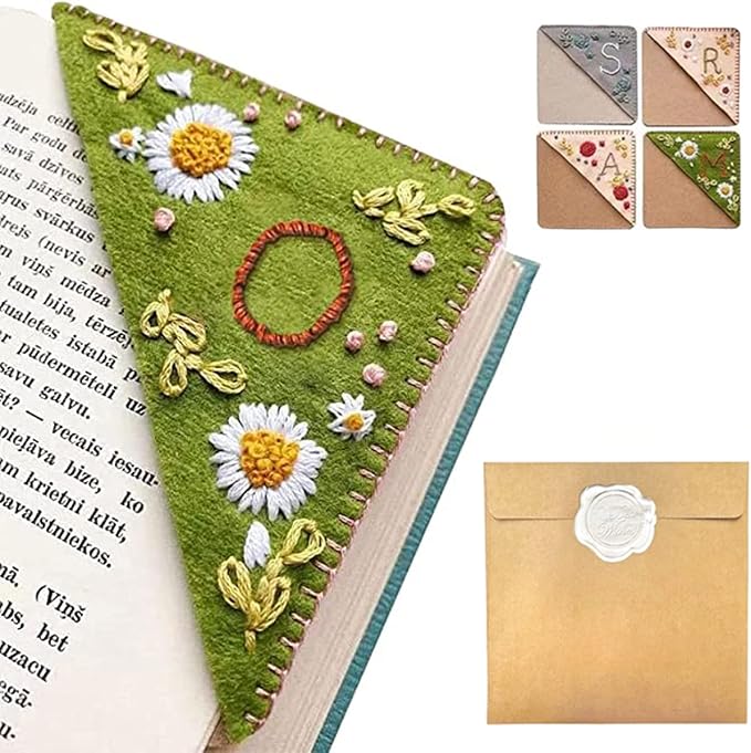 Personalized Hand Embroidered Corner Bookmark, 26 Letters Hand Stitched Felt Corner Letter Bookmark, Cute Flower Embroidery Bookmarks for Book Reading Lovers Meaningful Gift (Summer，O