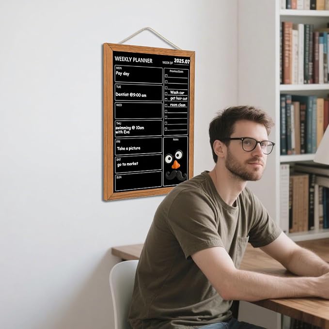 Calendar Weekly Chalkboard, 10.6" * 14.6", Magnetic Surface Rustic Brown Solid Pine Wood Frame Black Board for Office, School and Home(ZLHB-QZ-2737)