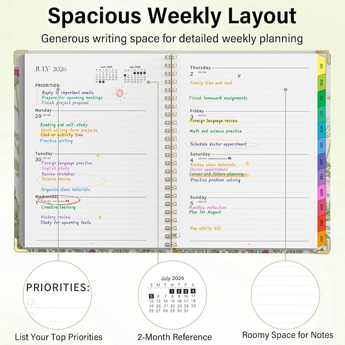 Academic Planner 2026–2027, A4 Hardcover Weekly Monthly Planner, Large 8.5" x 11" School Year Planner July 2026 to July 2027, with Bookmark, Pocket Folder and Sticky Notes, Garden Flowers