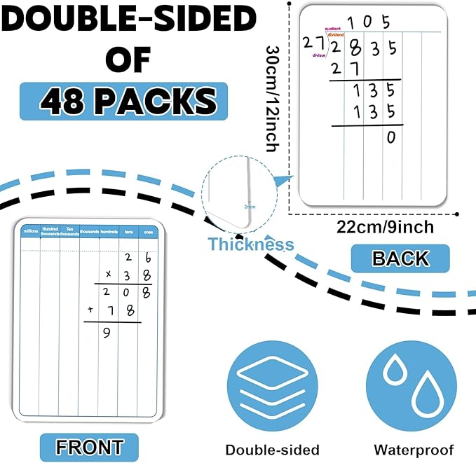 48 Pack Dry Erase Long Division Whiteboard for Kids Teaching Multiplication Double-Sided Cardboard Board Division Chart Portable Math Manipulatives Thickened Whiteboard Educational Tools 12" x 9"