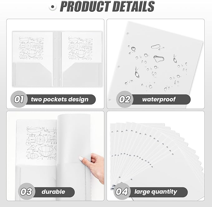 Yeaqee 100 Pcs Plastic Folders with Pockets Bulk 3 Hole Punched 2 Pocket File Folders for 3 Ring Binder Divider Folder for Notebooks, Durable Poly for Office Home (White)
