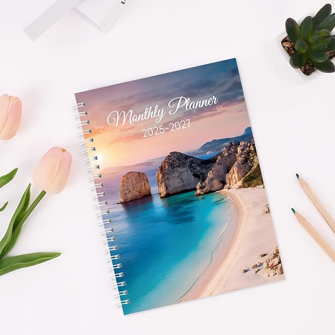 Monthly Planner 2025-2027, Monthly Calendar July 2025 - December 2027, A5 Planner 2025-2026 with Coil, 5.9'' x 8.4'', Perfect for Office School Supplies Organizing Planning - Beach