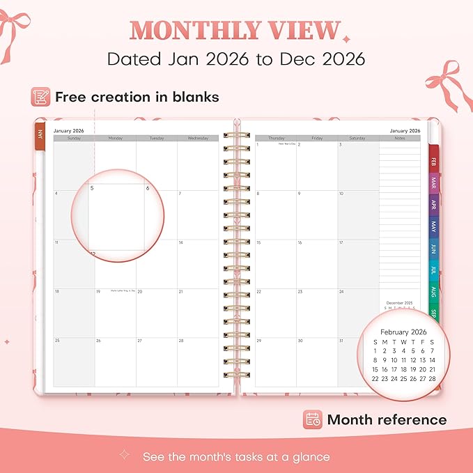 2026 Planner Weekly and Monthly, Jan.2026 - Dec.2026, Hardcover Calendar 2026 Agenda Daily Planner Book Spiral Notebook with Monthly Tabs, 7.4" x 10.2", Pink Bow