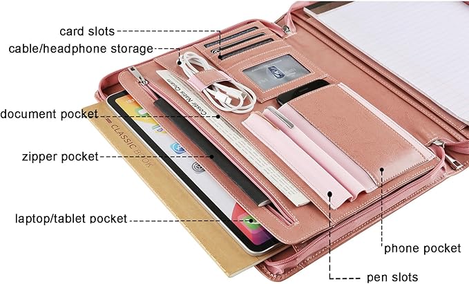 Padfolio for Women, Pink Leather Portfolio with Zipper, Vegan Leather Business Portfolio Organizer with A4 Writing Pad Holder for Resume, Interview, Meeting, Non-Custom