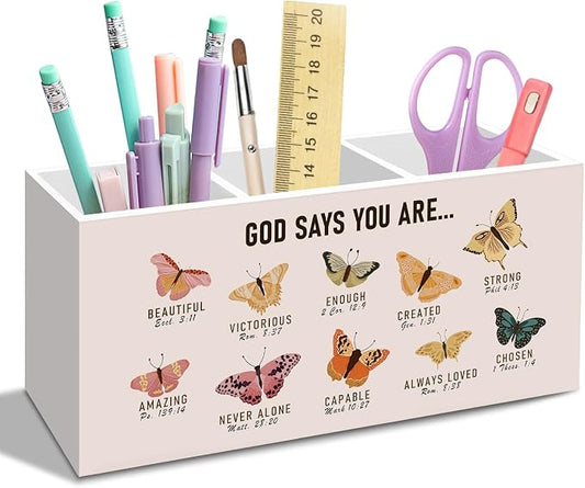 Christian God Says You Are Pen Pencil Holder for Desk, Christian Gifts for Women, Butterfly Office Desk Accessories, Butterfly Bible Makeup Brush Holders Organizer for Bathroom Classroom