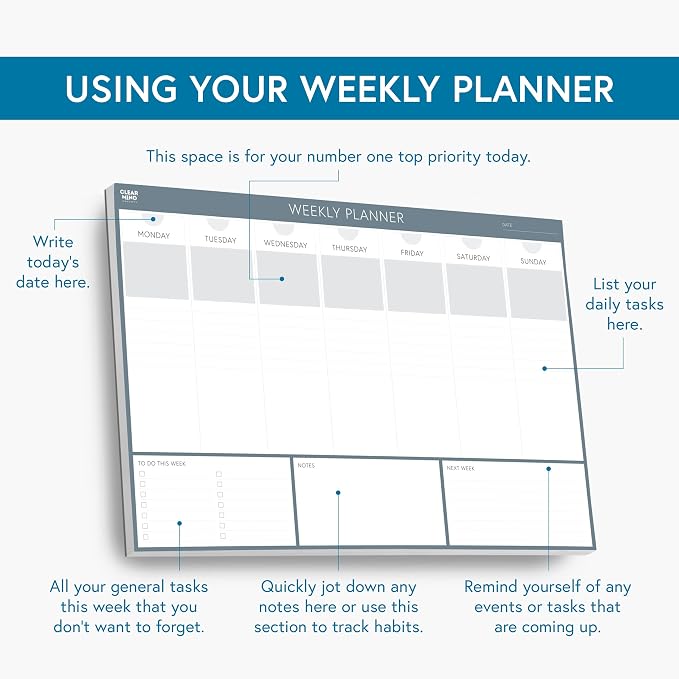 Clear Mind Concepts Weekly Desk Planner - 11.3” x 8.3” Tear-Off Pad, 52 Undated Sheets, 120gsm No-Bleed Paper - Compact Weekly Organizer for Home, School & Office