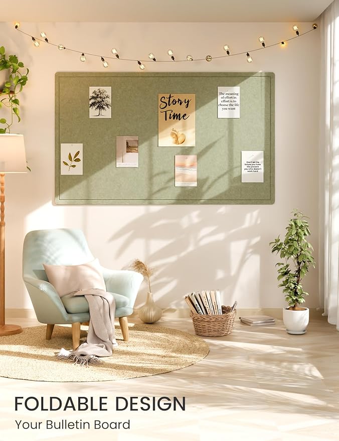 Fluxnara Bulletin Board,Cork Board Alternative with Safe Removable Adhesive Tabs, Foldable Felt Pin Board for Home Office, Classroom, Bedroom,Entryway for Walls (Sage, 59 x 35.4 inches)
