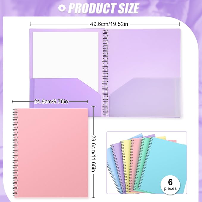 Seajan 6 Pcs 10 Pocket Folder Pastel Sturdy Plastic Spiral Portfolio Multi Pocket Folder Pink Purple Organizer Document Folders Plastic Spiral Project Organizer for School Office