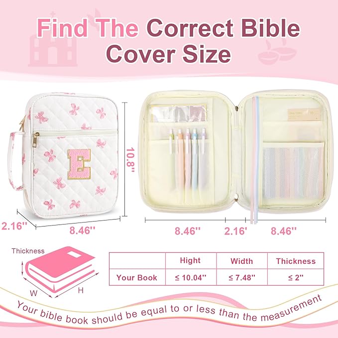 Personalized Initial Bible Cover Case for Women Girls Kid - Large Quilted Bible Case with Handle, Stylish Chenille Letter Bag Study Supplies, Perfect Christmas Gifts for Christians Women (Pink Bow-E)