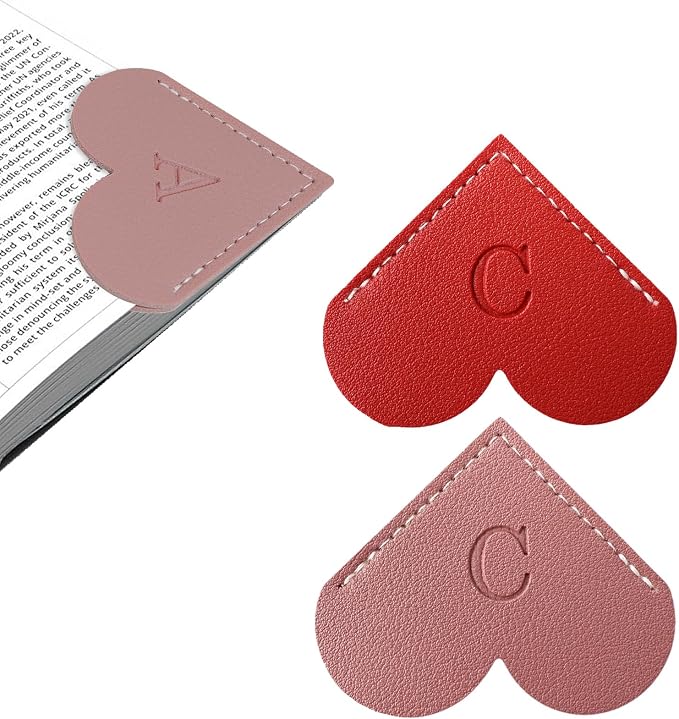 2Pcs Personalized Leather Heart Bookmark with Initial, 26 Letters Custom Corner Page Book Mark for Reading Women, Book Lovers, Teachers, Students, Cute Book Accessories Gifts(Red+Dark Pink, C)