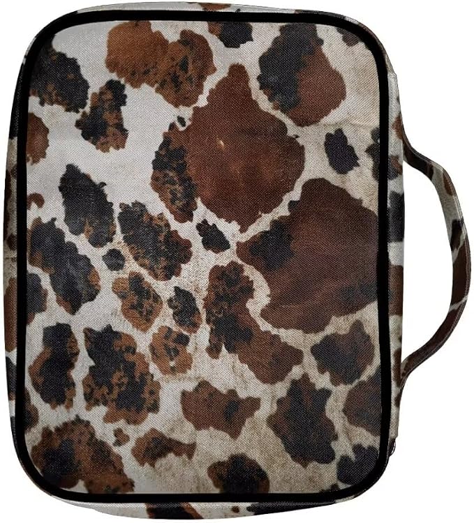 Coldinair Brown Cow Print Bible Covers Bag for Men Women,Durable Carrying Book Case Church Bag Bible Holder with Handle and Zippered Pocket