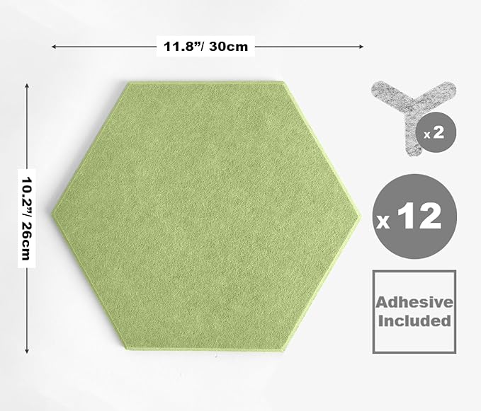Hexagon Felt Board Tiles - 12 Packs Self Adhesive Pinboard & Acoustic Panels | Modern Office Wall Decor for Home | Sound Absorbing Bulletin Board - Spring Green