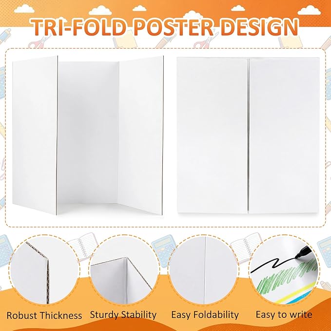 Small Trifold Poster Board, 5 Pack 24" x 16" White Corrugated Project Boards - Science Fair Display posterboard for School Projects, Science Fairs, Event Displays, and Business Presentations
