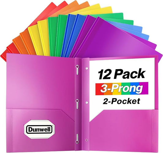 Dunwell Plastic 2 Pocket Folders with 3 Prongs, (12 Pack, Assorted Colors), Tear-Resistant, Long Lasting Acid-Free Poly 3-Clasp Folders with Fasteners, Labels Included