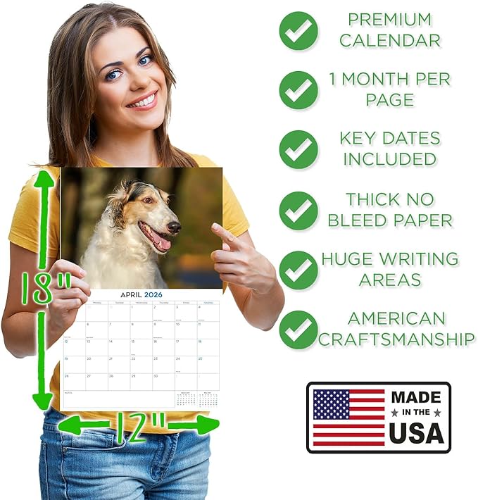 2025 2026 Borzoi Calendar - Dog Breed Monthly Wall Calendar - 12" x 18" Open - Thick No-Bleed Paper - Giftable - Academic Teacher's Planner Calendar Organizing & Planning - Made in USA