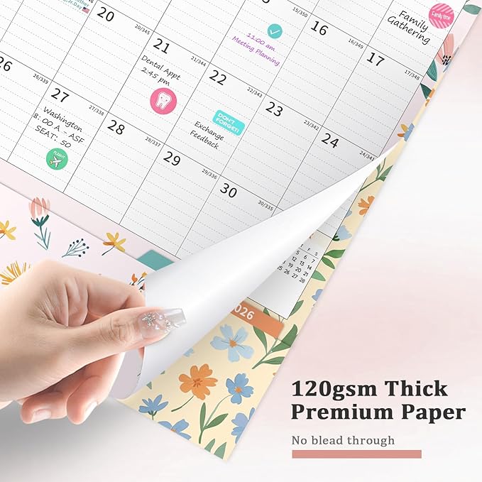 Ospelelf Wall Calendar 2026-2027 with Storage Pocket, 17" X 12" Monthly Large Planner Pad with Protective Cover and Stickers, for Family Fridge Office Teacher Student, January 2026 to June 2027 Ditsy Floral