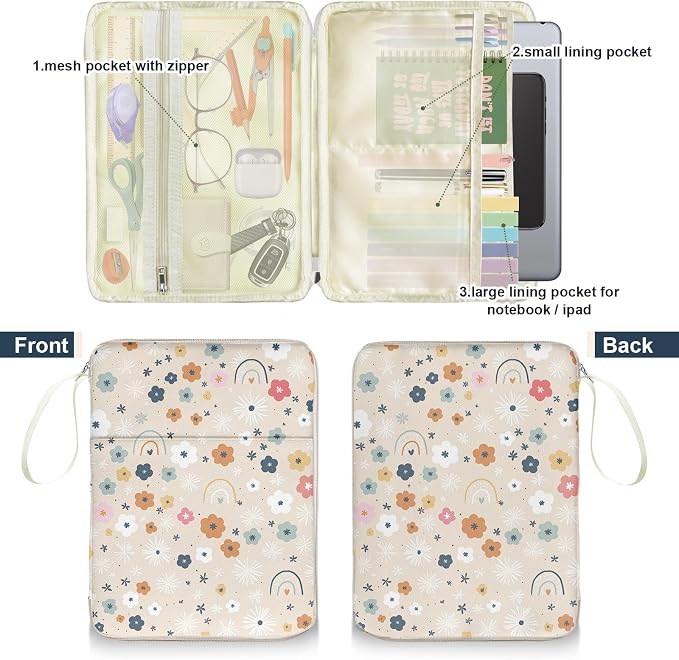 Rainbow Book Sleeve Pouch with Zipper, Paperback Book Protector Case,PU Leather Waterproof Book Pouch,Cute Floral Print Travel Book Carrying Case for Book Lovers Women,Book Cover for Hardcover