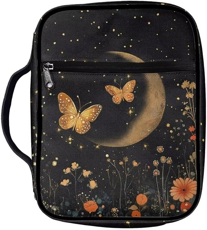 Coldinair Moon Butterfly Bible Cover for Women,Zippered Bible Carrying Case Bible Protective Bag with Handle,Floral Bible Case Holder for Girls