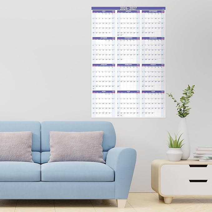 2026-2027 Yearly Wall Calendar - Calendar 2026-2027, July 2026 - June 2027, Large Wall Calendar 26-27, 34.8" x 22.8"(Open), Full Year Calendar Large, One Page Vertical with Round Stickers - Purple