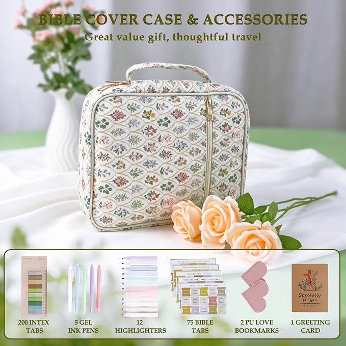 Allinside Bible Cover Case for Women - All-in-One Bible Study Kit with Accessory Pouch, 2 PU Heart Bookmarks, Waist Strap & Greeting Card | Bible Carrying Bag for Church, Prayer & Daily Devotion - Perfect Christian Gift