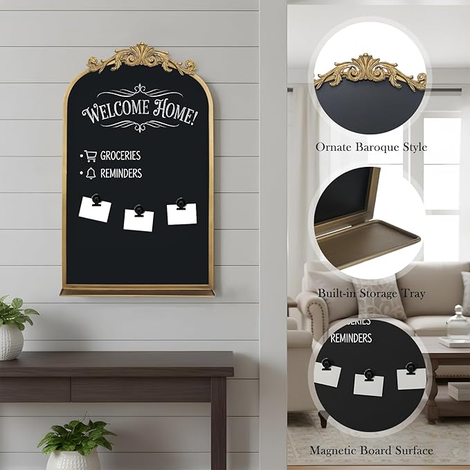 Vintage Magnetic Arch Chalkboard with Shelf - 19"x31" Decorative Wall Mounted Ornate Gold Framed Blackboard with Chalk, Clips & Cloth - Elegant Wedding Sign & Kitchen Menu Home Decor