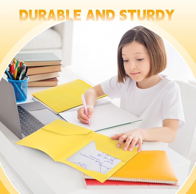 Henoyso 36 Pack Yellow Plastic Folders with Clear Front Pockets Heavy Duty File Folders with 2 Pockets and Card Slot for Student Communication School Office Presentation Report