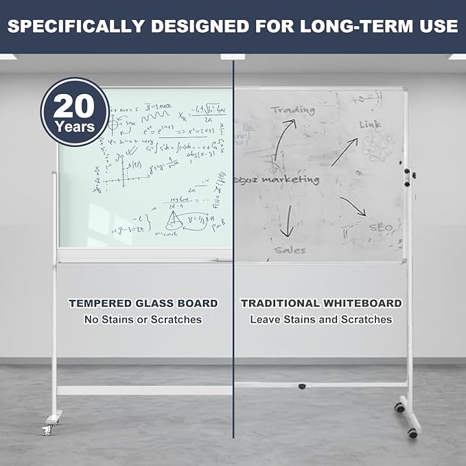 Tankee Rolling Whiteboard, 48x32 Inches Magnetic Glass Dry Erase Board with Stand, Standing White Board on Wheels, Large Glass Mobile Whiteboard for Office School Classroom Home Homeschooling
