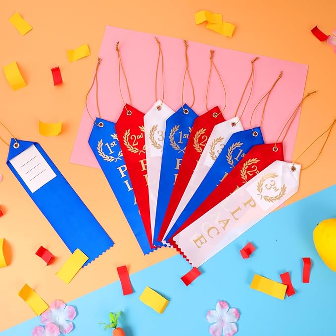 48PCS Award Ribbons, Medal Ribbons for 1st, 2nd, 3rd Place, Event Card & Rope Included, Perfect for Competitions, Sports Events, School Challenges, Vibrant Blue, Red, and White