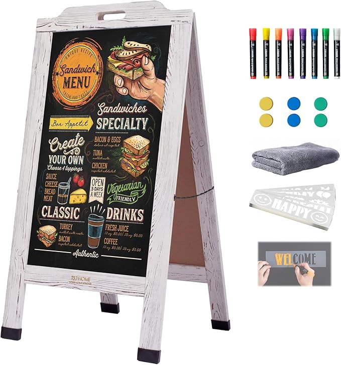 Magnetic Portable A-Frame Chalkboard Signs, 40" x 20" Large Wood Sandwich Board Signs Outdoor, Double-Sided Sidewalk Standing Chalk Board for Business, Wedding, Vendor Display, Coffee Shope - White