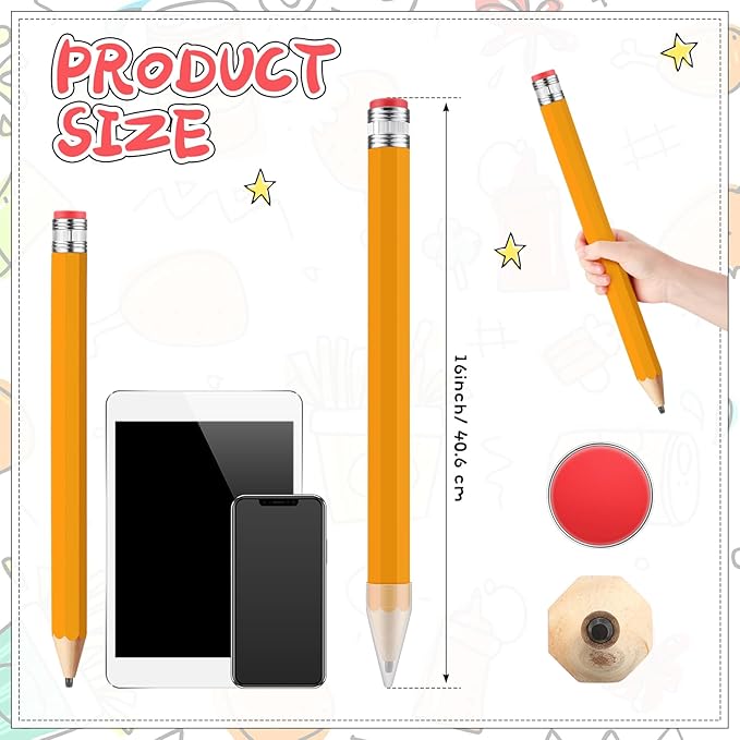 16 Inch Wooden Large Jumbo Pencils Giant Big Funny Wood Pencil with Cap and Eraser Fun Novelty Gifts for Kids School Kindergarten Home Office Prop Supplies (Yellow)