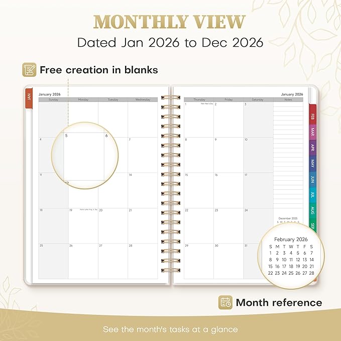 2026 Planner Weekly and Monthly, Jan.2026 - Dec.2026, Hardcover Calendar 2026 Agenda Daily Planner Book Spiral Notebook with Monthly Tabs, 7.4" x 10.2", Calm Vine