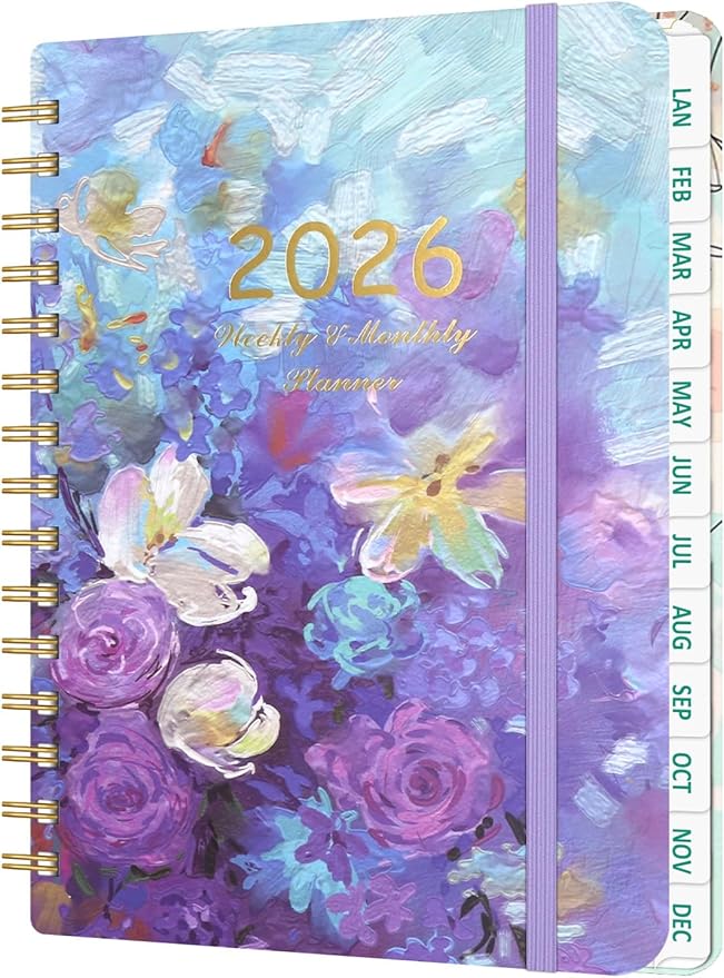 2026 Weekly and Monthly Planner - 2026 Hardcover Calendar Planner, Jan. 2026 - Dec. 2026, Daily Agenda Book with Tabs, Twin-Wire Binding, Back Pocket, School Teacher Student Supplies, A5(6.3" x 8.5") (Flower)