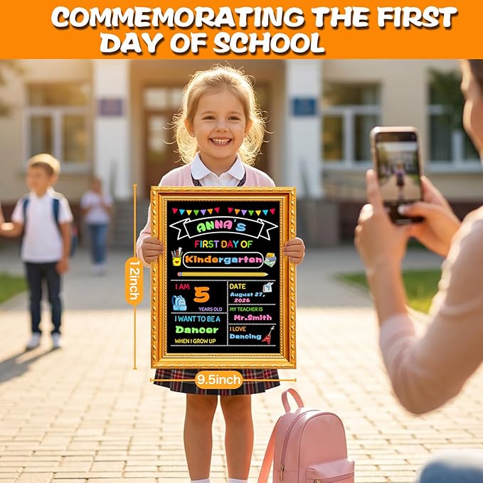 First Day of School Sign,11.69”x8.27” Back to School Supplies Board for Kindergarten, Preschool Supplies Decorations Reusable Photo Prop for Kids with Liquid Chalk Markers(A Frame)
