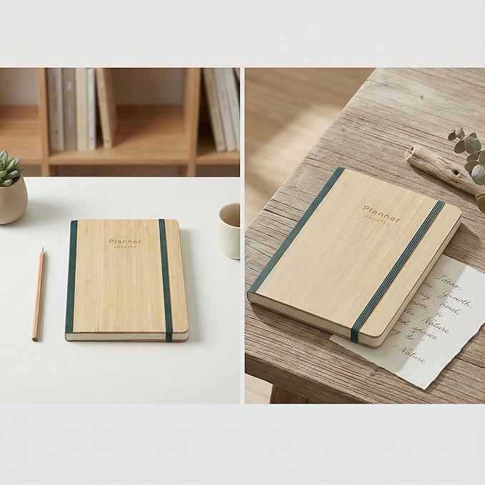 AuroPlanner Bamboo Cover Undated Portable Planner Notebook – Daily, Weekly & Monthly Organizer, Lay-Flat A5 (5.7” × 8.3”), 100 GSM Paper, 160 Pages, 4-Month Layout (Green)