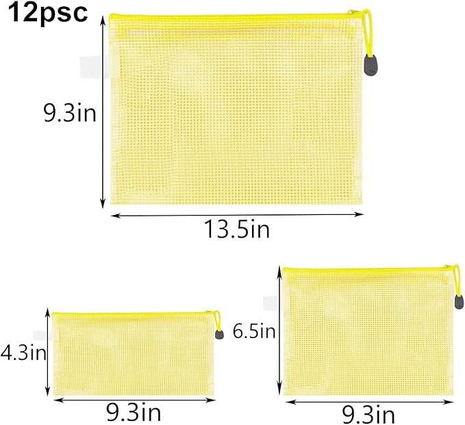 12 Pack Document Zipper Pouch Travel File Mesh Bags A4 A5 A6 Size School Office Supplies Colors Plastic Bag for Storage Waterproof Zip Folders Cosmetics Pouches Letter Pencil PVC Organizing for Home