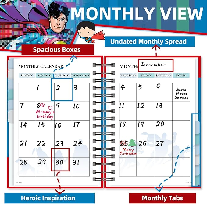 Superman 2026 Planner – Superhero Undated Daily, Weekly & Monthly Planner with Calendar & Holiday Tracker, Monthly Tabs, Habit Tracker, 12 Months Spiral Agenda Book for Office School Gift Supplies