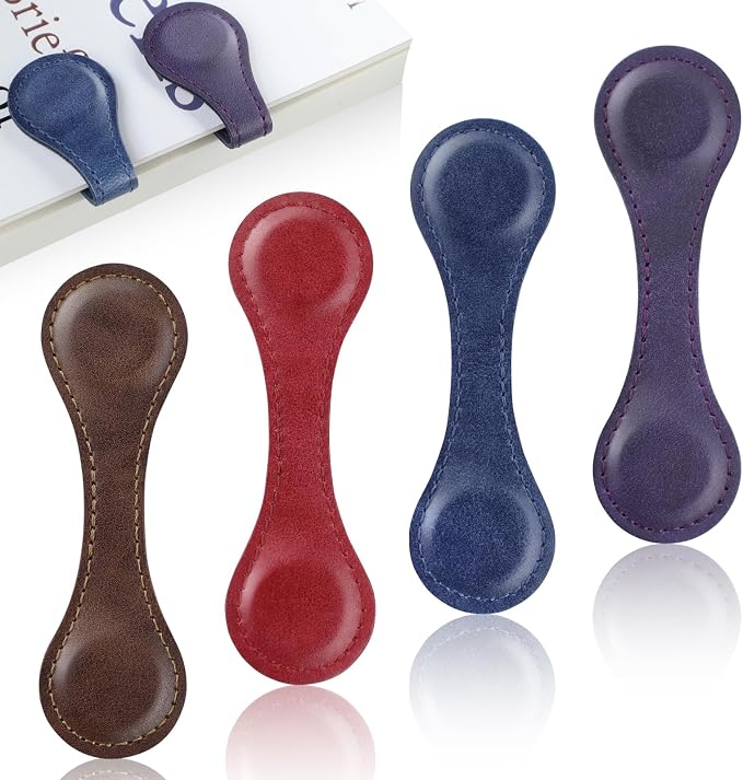 JIXZEN Magnetic Leather Bookmark for Reading Women, 4 PCS Timeless Leather Magnetic Book Marks for Women Book Lovers, Reading Men, Kids, Teachers with Elegant Gift Box (Coffee, Red, Blue, Purple)