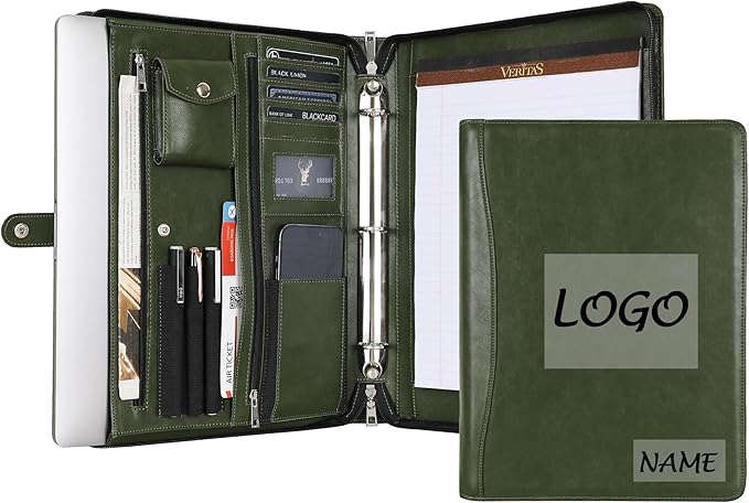 Green Leather Padfolio for Women/Men, Business 3 Ring Portfolio Binder, Personalized Zippered Organizer for A4 Notepad & 13-inch Laptop/Tablet