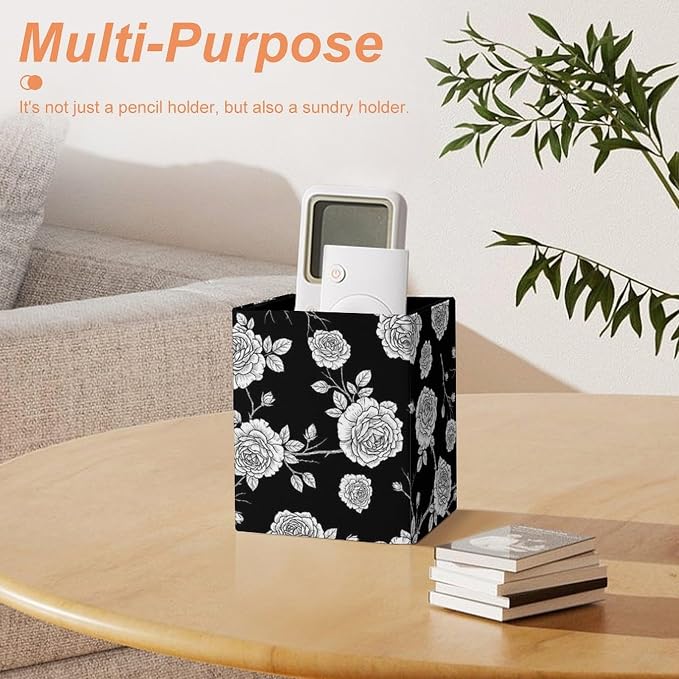 Pen Holder Square Leather Pencil, Holder Cup Makeup Brush Storage Organizer, Waterproof Multifunctional Office Supplies Black Roses Pattern