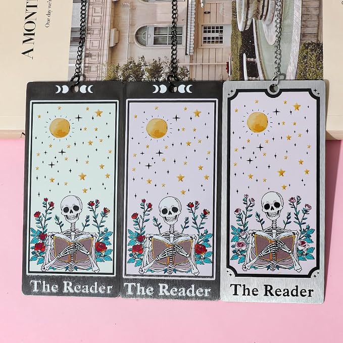 3Pcs Unique Skull Reader Bookmark - Metal Bookmark with Black Tassel, Star and Rose Pattern, Engraved “THE Reader” for Dark Gothic Lovers, Women Readers Fantasy Gift Gothic Gift (3PCS B)